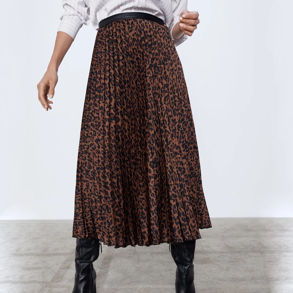 Женская леопардовая юбка ZA плиссированная средней длины из искусственной кожи с