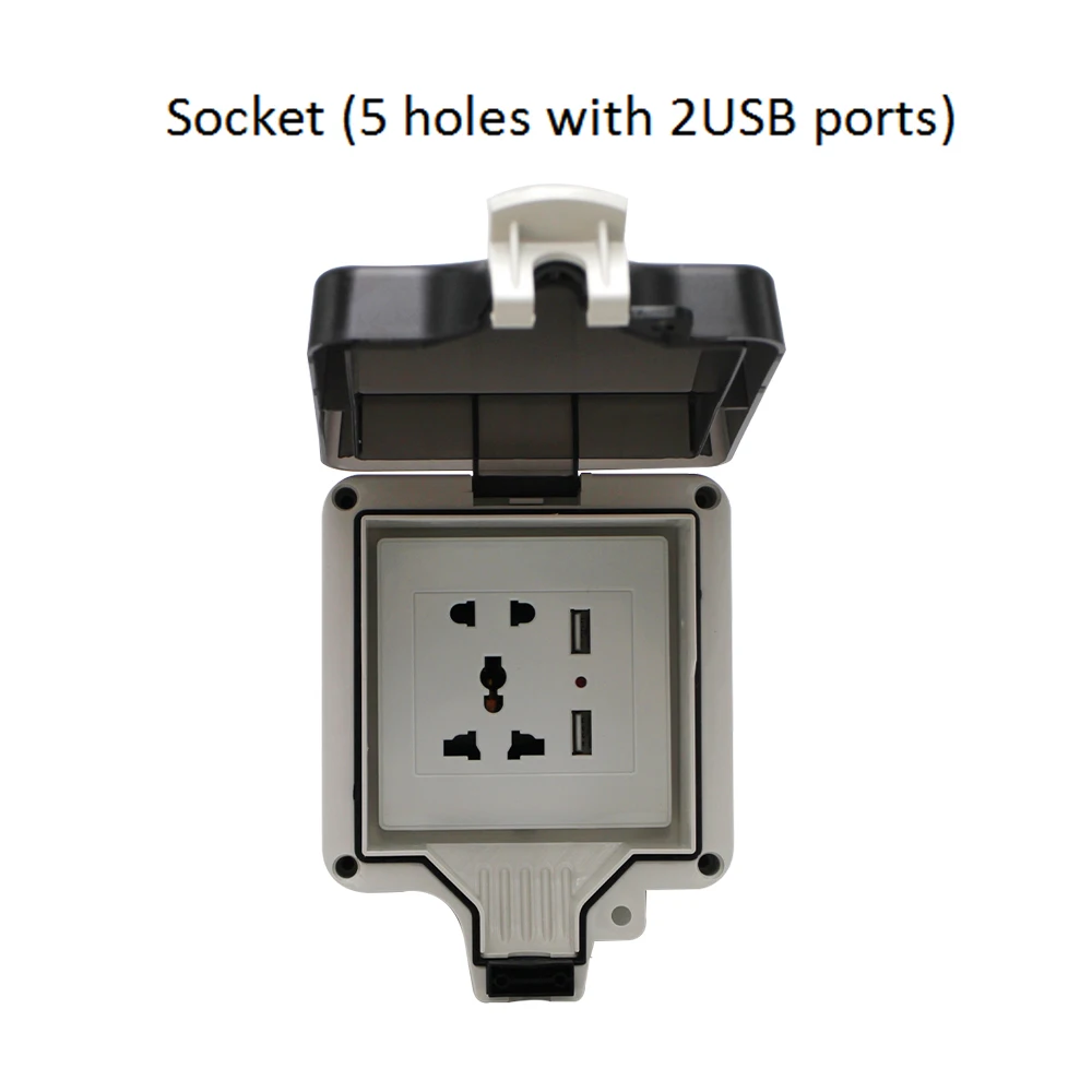 5 hole socket( 2usb) IP66 3/5 отверстия Многофункциональная Универсальная Водонепроницаемая наружная настенная розетка с 2 портами USB 10A электрическая розетка с заземлением - Тип: 5 hole socket( 2usb)