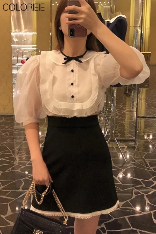 

Korean Style Fashion Tops for Women Summer 2021 Elegant Ruffles Bow Short Sleeve White Chiffon Blouses Et Chemises