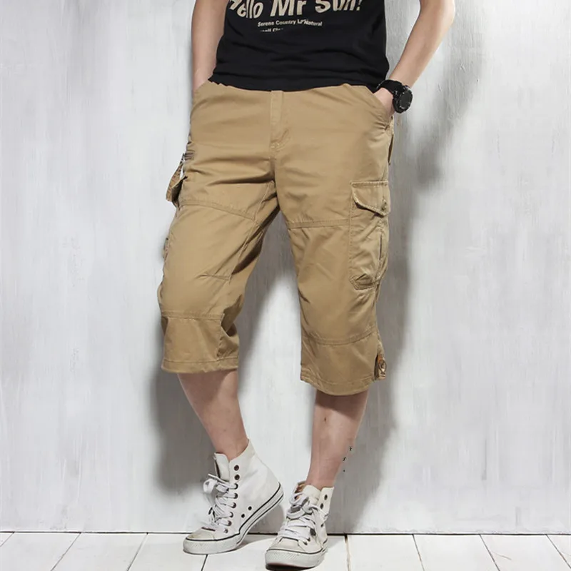 

Male Shorts Multi Pocket Summer Loose Zipper Breeches Khaki Grey Plus Size Short Pant Casual Cotton Black Long Mens Cargo Shorts