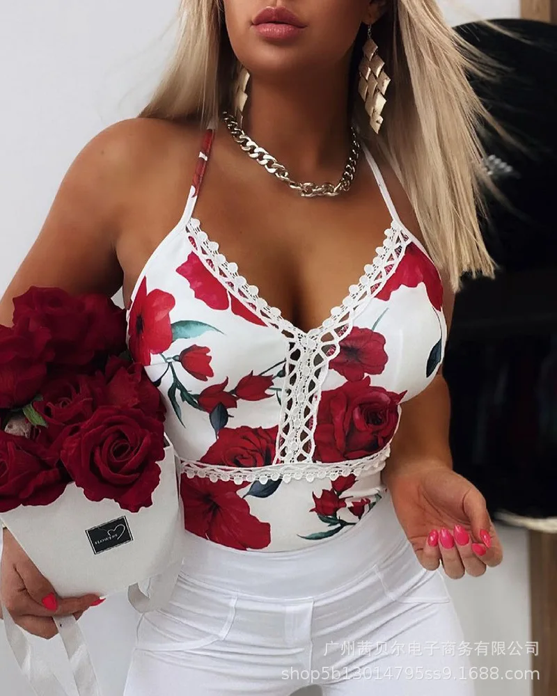 

2021 Women Sexy Sleeveless Halter Hollow Out Floral Print Strap Shirt Top New Ladies Elegant Lace Patchwork Slim Fit T-shirt