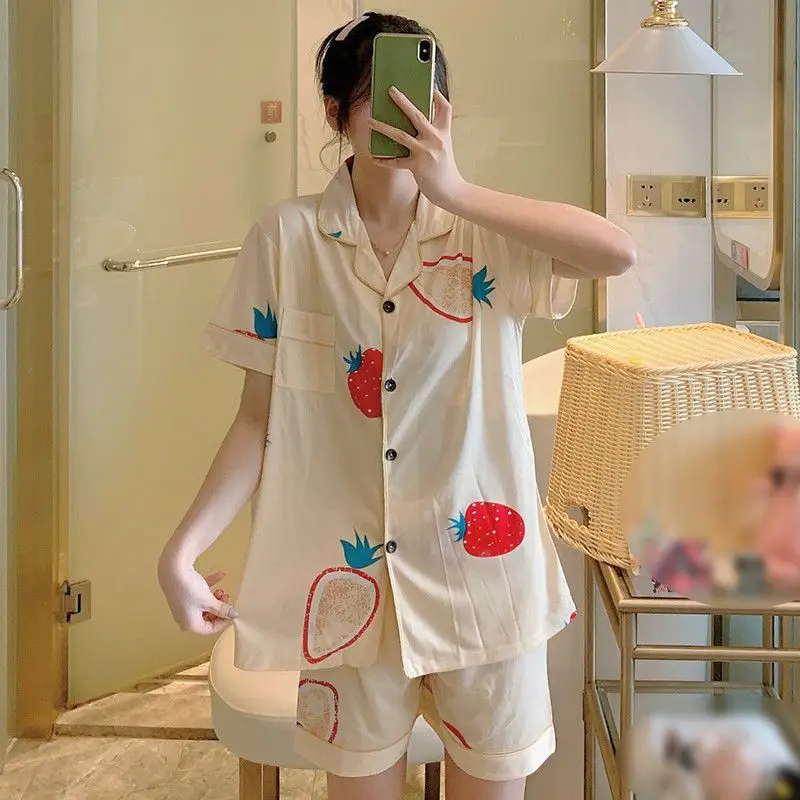 

Cotton Pajama Sets For Women New Button Cartoon Printed Loungewear Female Cute Home Suit Summer