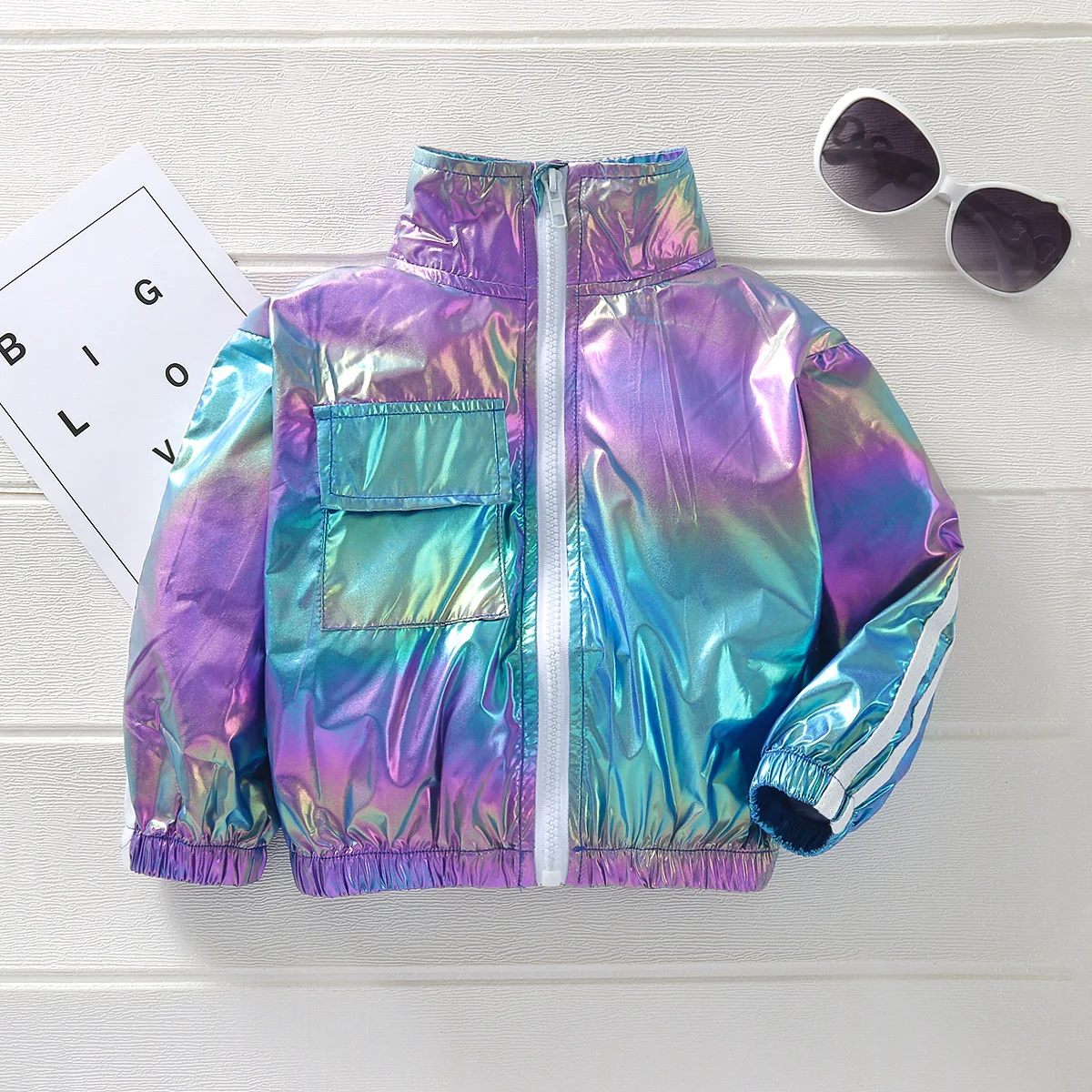 

Boys Girls Glossy Hip Hop Jacket Toddler Kids Long Sleeve Zip Up Coat Outwear