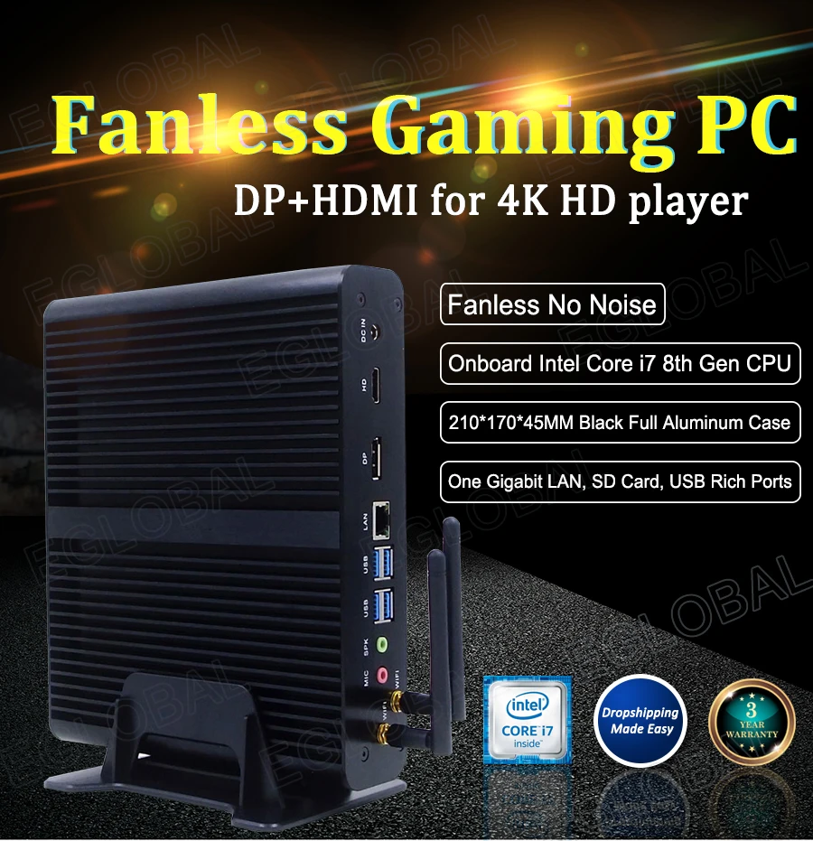 I7 7500U Intel skylake HD 620 безвентиляторный игровой компьютер Win10 Linux RJ45 Giga LAN DP HDMI двойной