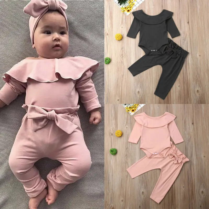

Toddler Kids Baby Girl 2Pcs Clothes Set Ruffle Bodysuit Romper T shirt Solid Bowknot Pants Trousers Autumn Long Sleeve Outfit