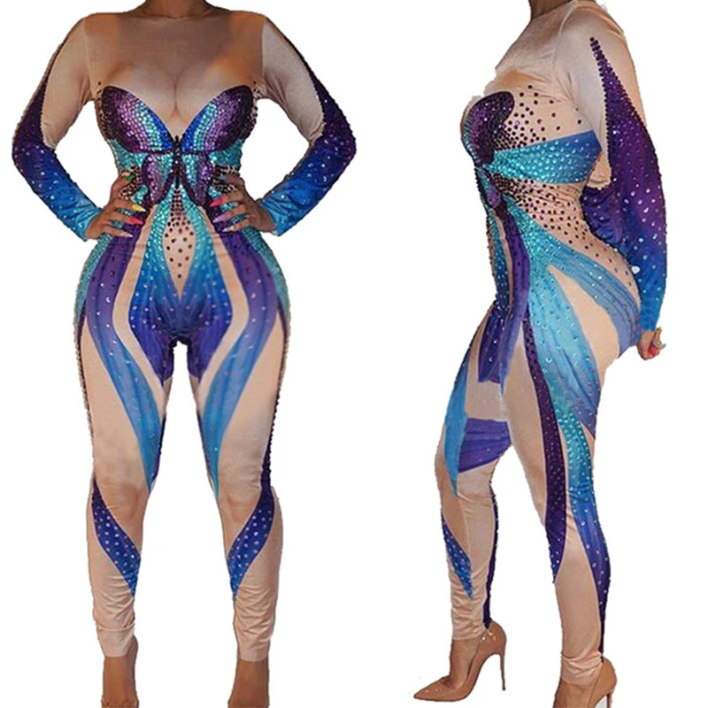 Блестящие женские комбинезоны с кристаллами модный длинный комбинезон принтом