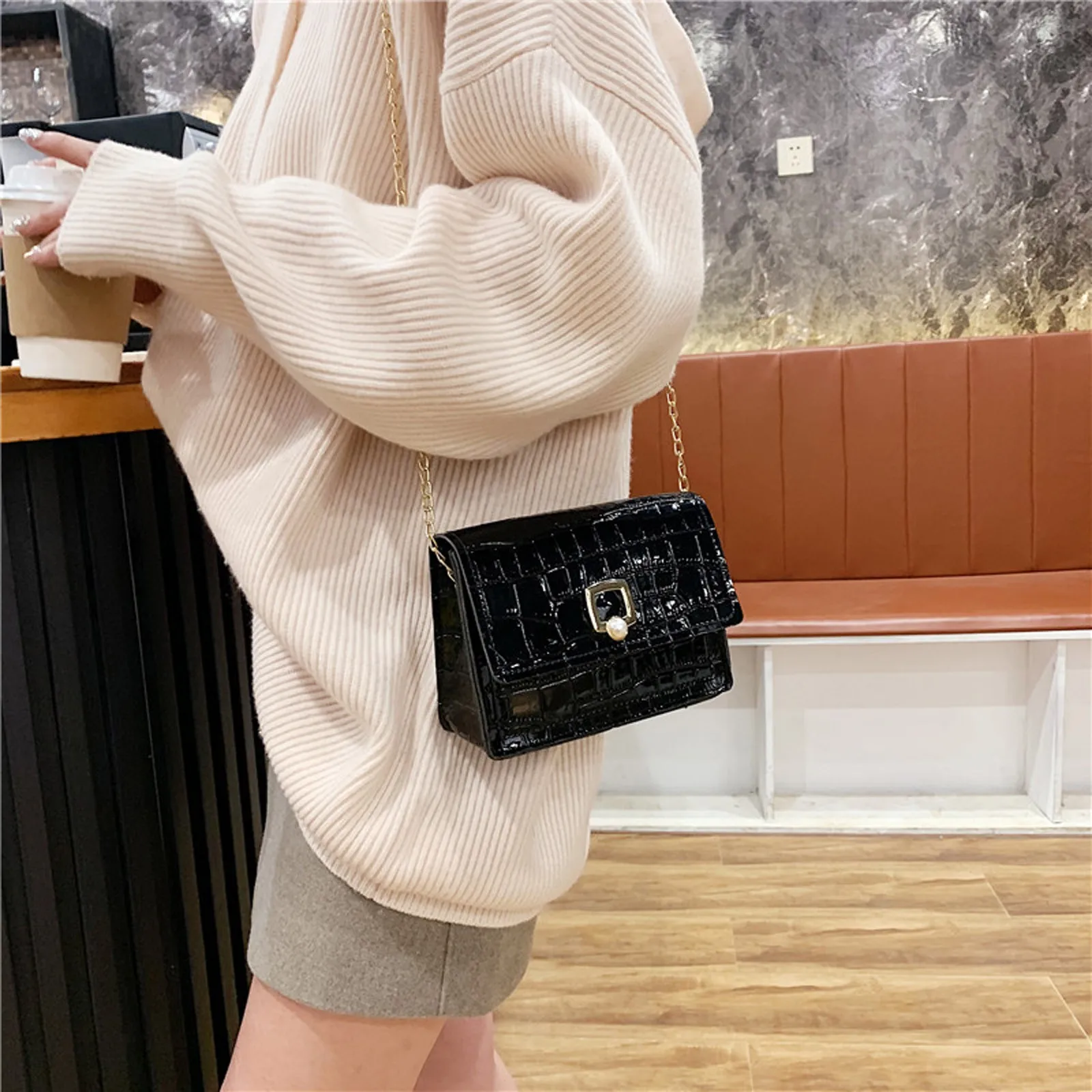 Stone pattern PU Leather Crossbody Bags For Women 2021 Mini Shoulder Messenger Bag With Pearl Lock Lady Travel Totes Handbag | Багаж и