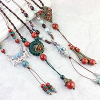 women ethnic style ceramic beads tassel pendants necklace long sweater chain vintage girls jewelry accessories