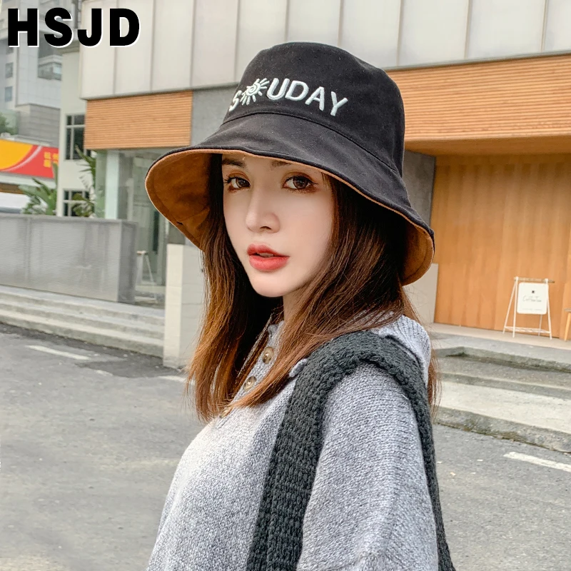 Women‘s Hats Autumn Winter Double-sided Bucket Hat Wide Brim Foldable Fashion Letter Embroidery Fisherman Hat Female Cap Gorras