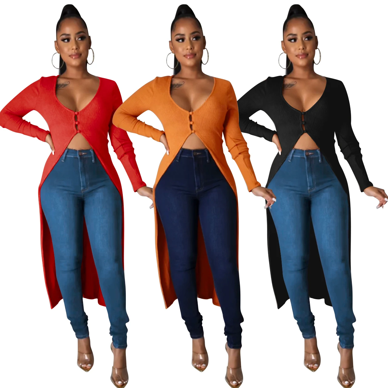 

Q21w970 European and American women's autumn new thread hollowed out irregular buckle cardigan long coat spot supply and wholesa
