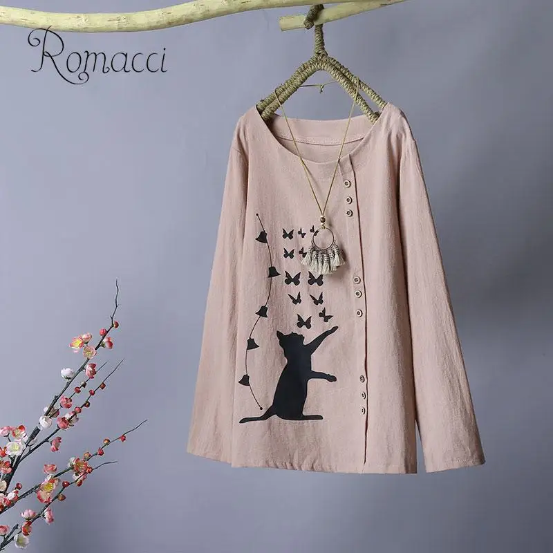 Повседневная Женская блузка с принтом кошки бабочки длинным рукавом хлопковый
