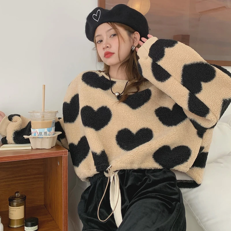 Женские укороченные толстовки Woherb с принтом сердца весенне-осенняя Милая