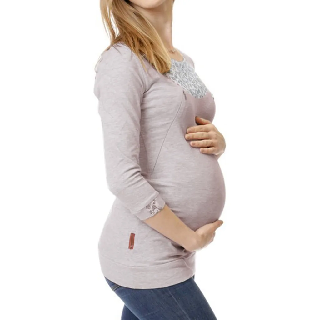 

Women Maternity Long Sleeves Tops Womens Maternity Seven Sleeve Print Patchwork Breastfeeding Nursing Jumper For Pregnant Women