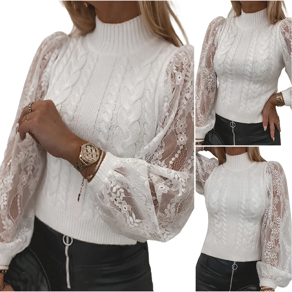 

VICABO Sweater Women Lace Patchwork Lantern Long Sleeve Stand Collar Jumper Sweater Winter Casual Tops Female Sweaters