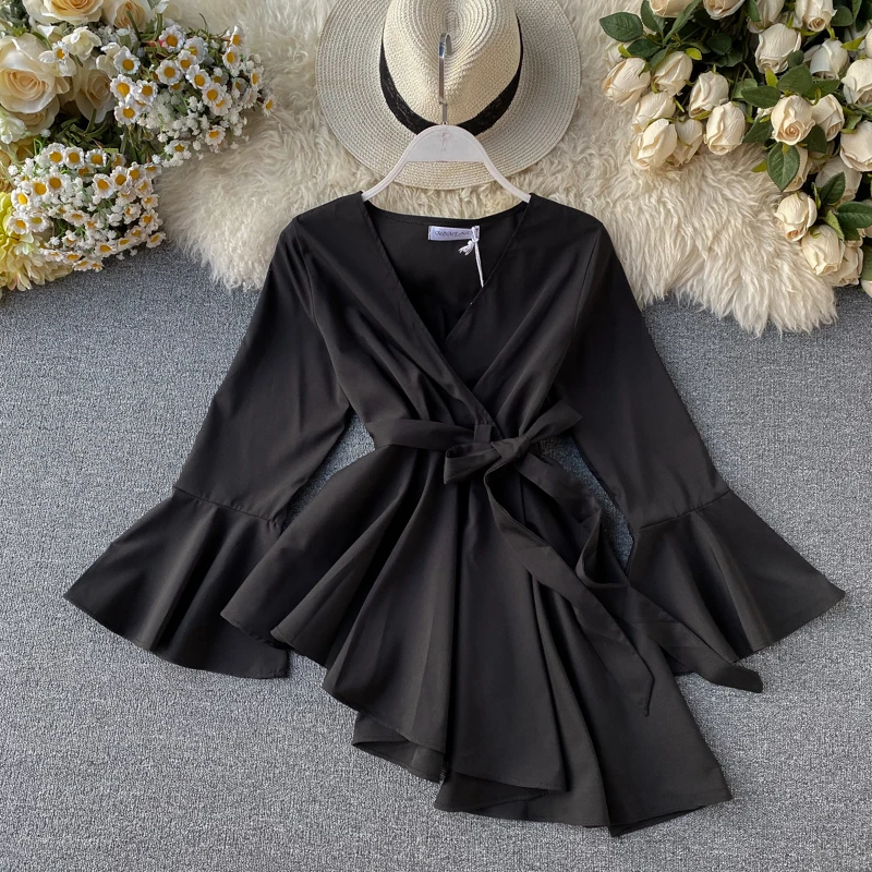 

New Women's Long Shirt Design Irregular Lace Up Waist Flare Sleeve V-neck Solid Temperament Tops Office Lady Women Shirts 6color