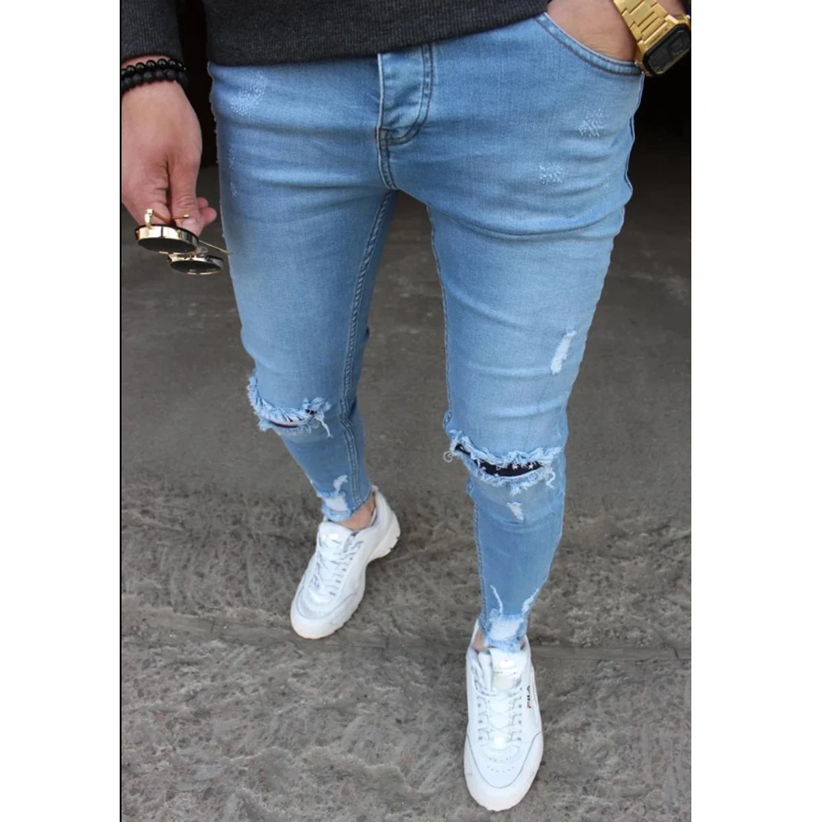 

Men Jeans Pants Fashion male Hole Street Slim Casual Pants Full Length Pencil pants Trousers Hot 2020