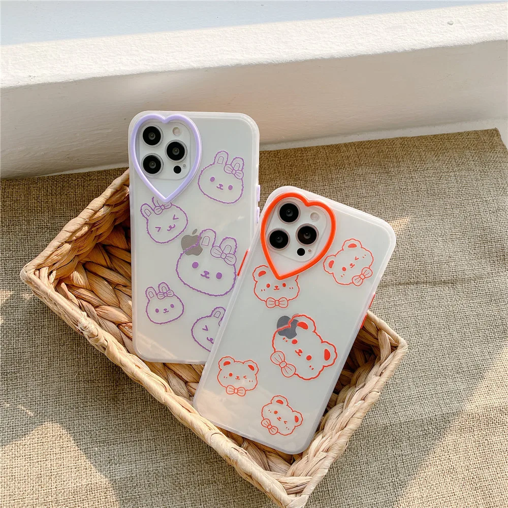 

Cartoon bear rabbit Transparent Phone Case For iPhone 12 11 Pro X XS Max XR 7 8 Plus SE20 Clear Silicone Heart type Frame Cover