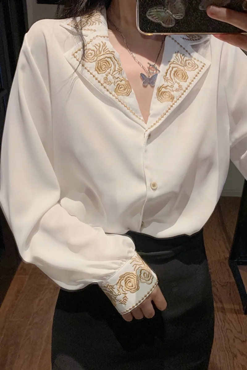 

Elegant Suit Collar Loose Embroidery Shirt Women 2021 Spring New Long Sleeve Solid Single-Breasted Women Shirts Office Lady