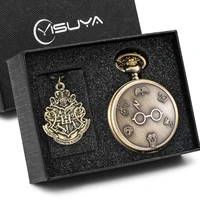 bronze harajuku clock lightning glasses pendant quartz pocket watch gifts sets with braided rope necklace chain antique gift set