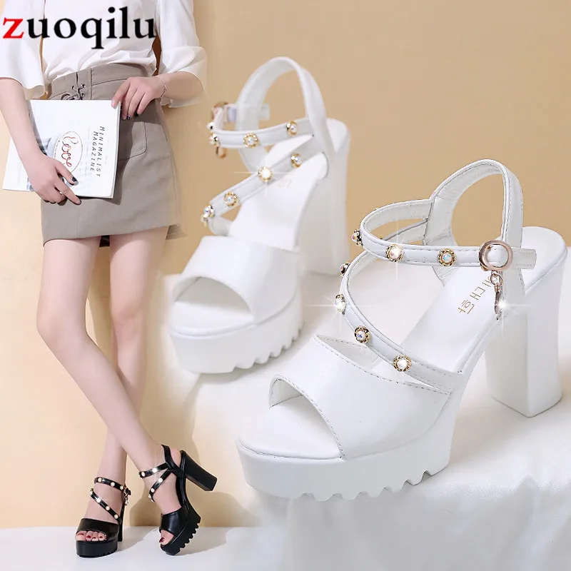 Летние женские туфли на высоком каблуке Сандалии высокой платформе украшенные