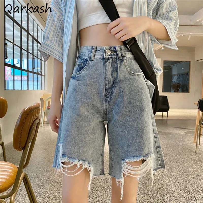 

Denim Shorts Women Ripped Hole Vintage Wide-leg Baggy High Waist Knee-length Trousers Female Students Harajuku Leisure Outwear
