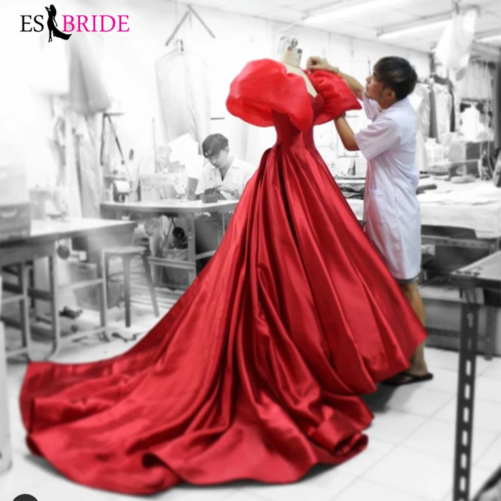 

Gorgeous Long Satin Evening Dress Red For Bride With Puffy Sleeves Off the Shoulder 2021 Party Sexy Prom Gowns