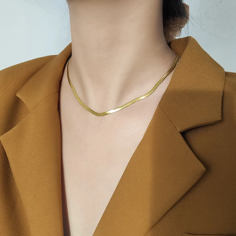 

Gold Color Flat Snake Chain Necklace Stainless Steel Torques Choker Necklace Women Statement Jewelry Accessories Short collier