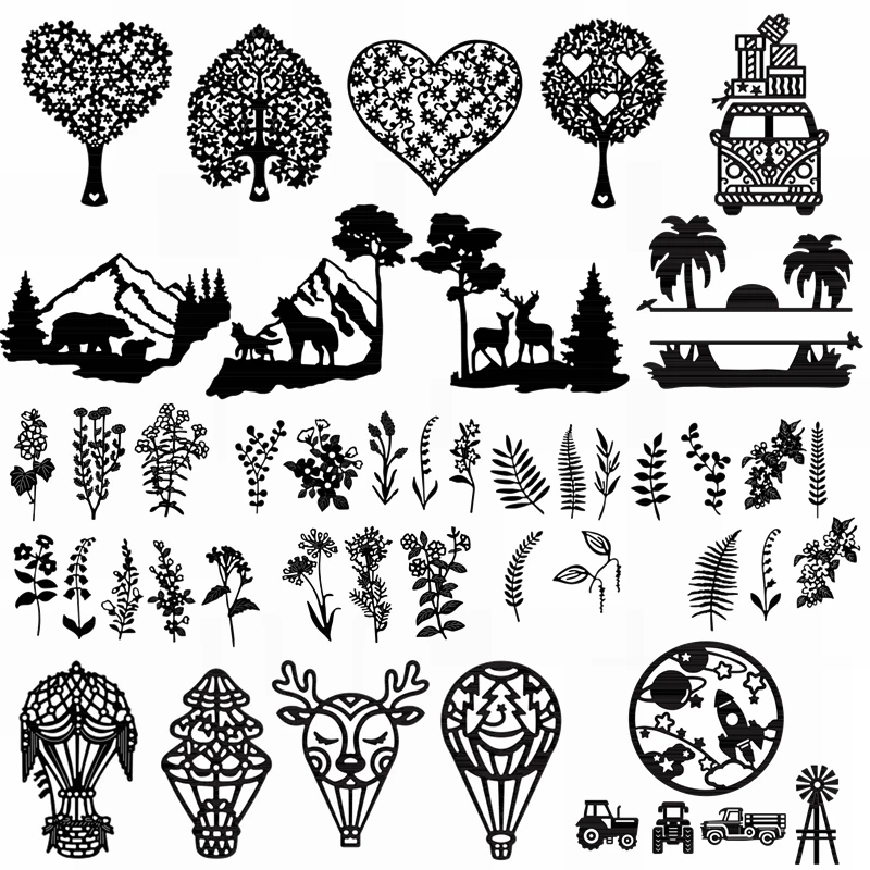 

Heart Shaped Trees Mountain Beach Scene Different Flowers Plants Cute Hot Air Balloon Mini Transportation Die Cuts 2021