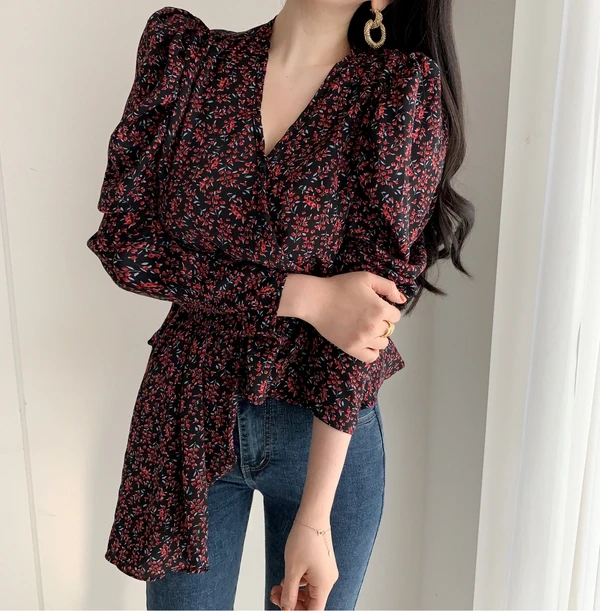 Женские блузки с цветочным принтом в Корейском стиле асимметричные туники