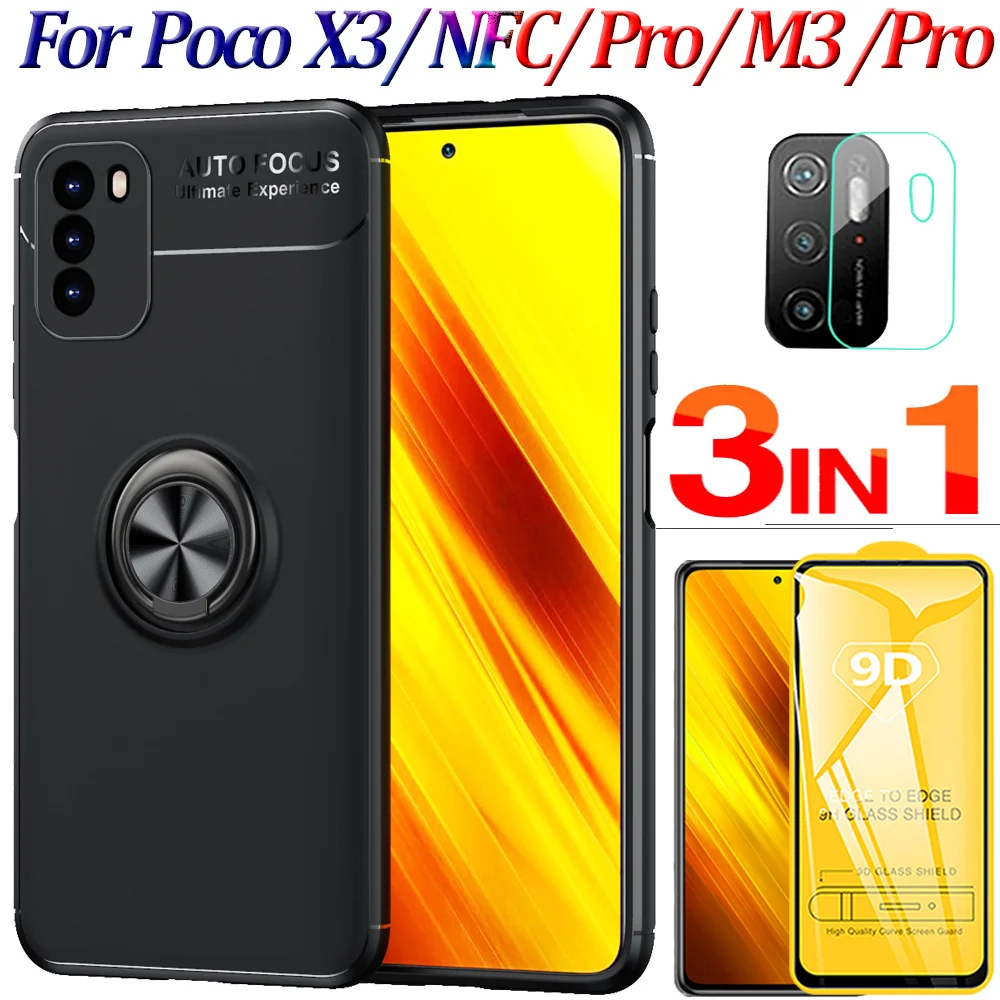 

3-in-1 Phone Case Poco x3 Pro Soft Silicone Cover For Xiaomi Poco x3 NFC Pro Metal Ring Stand Cases Poco X3 Pro Case Glass Pocophone Little X3NFC F3 Poko X-3 Pro PocoX3 Shockproof Cases Poco X3 M3 Pro 5G Funda Capa