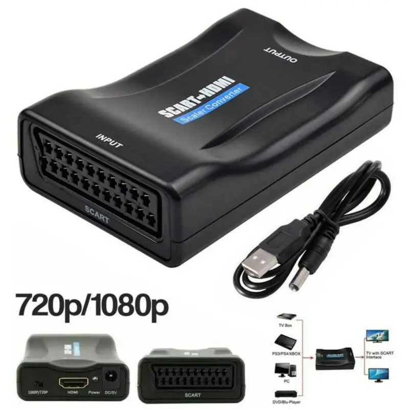 

SCART to HDMI Adapter HD Video Audio Converter Upscale USB Cable TV DVD Adapter