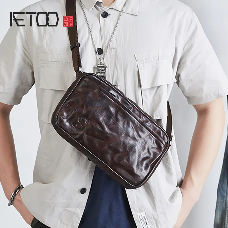 

AETOO Men's leather messenger bag, all-match leather shoulder bag, horizontal trendy retro men's bag