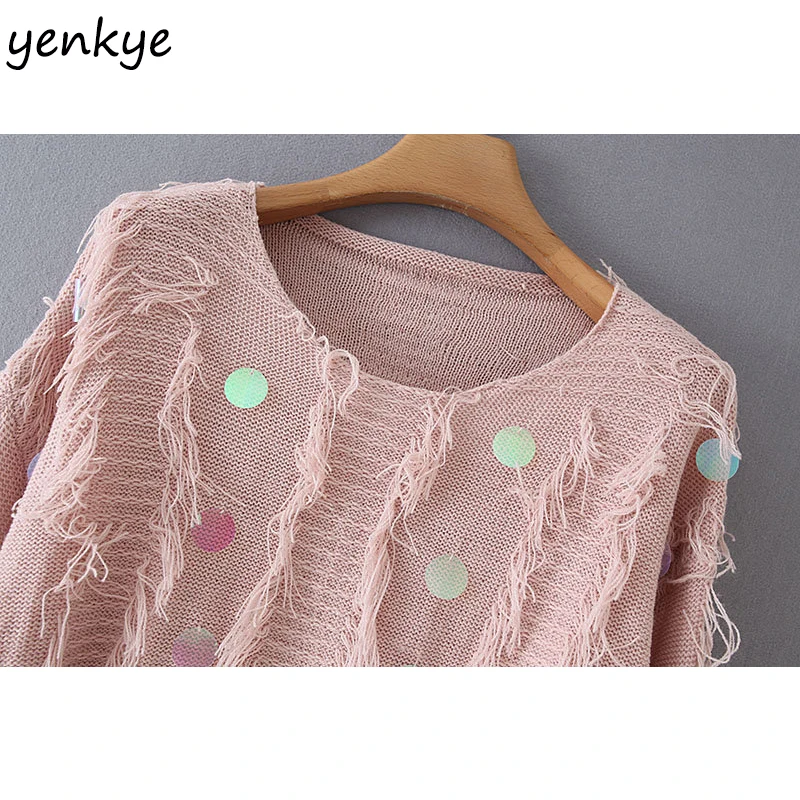 2019 Women Lazy-Style Sequin Knitted Sweater Female Round Neck Long Sleeve Tassel Pullover Autumn Plus Size jumper | Женская одежда