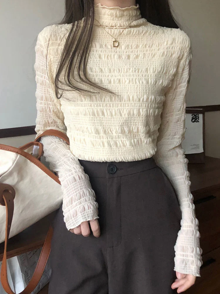 

Утолщенная кружевная рубашка с коротким высоким воротником и длинным рукавом, с плюшевой подкладкой, Женский Облегающий топ на осень и зиму...