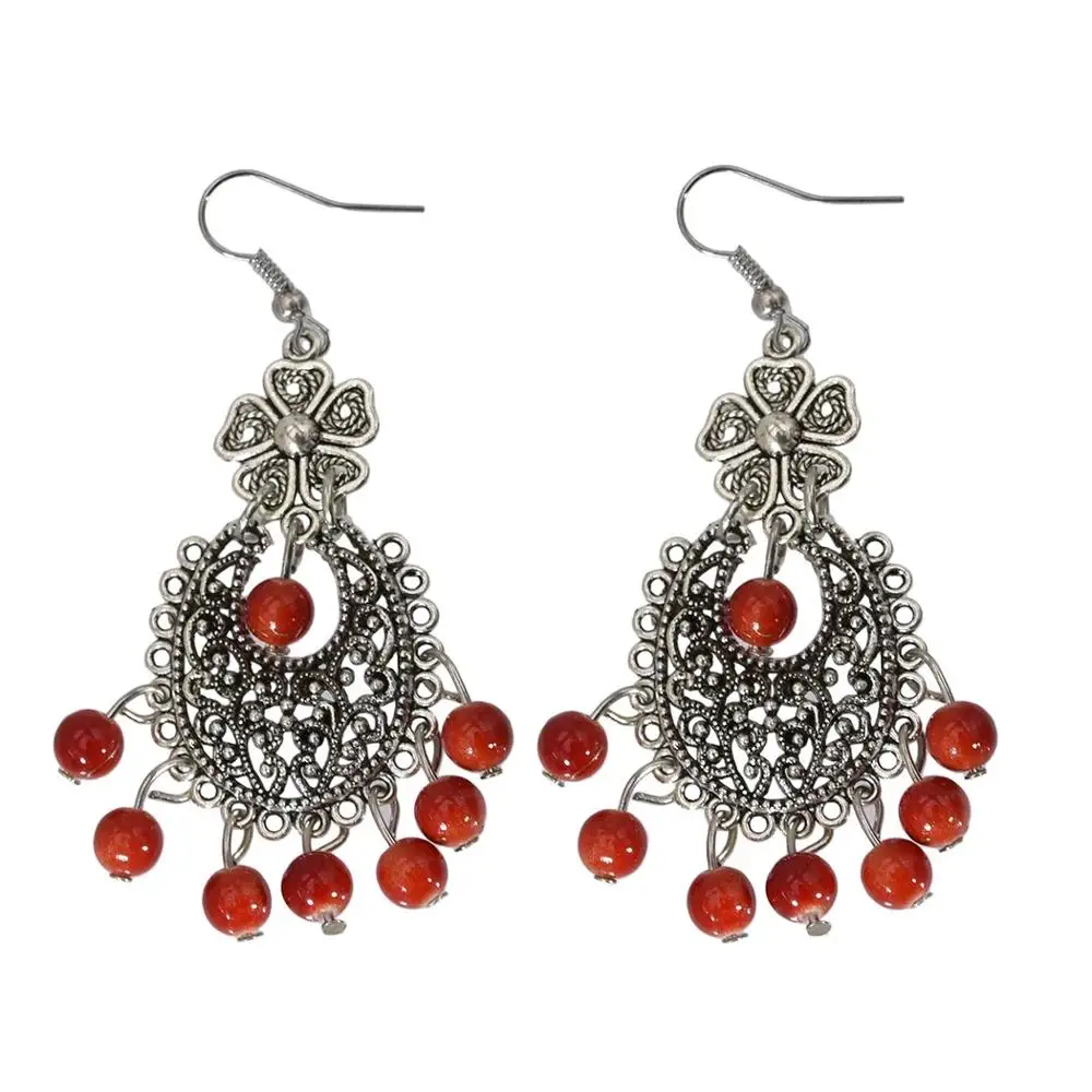 Богемные Винтажные серьги с красным камнем и бусинами для женщин эффектные