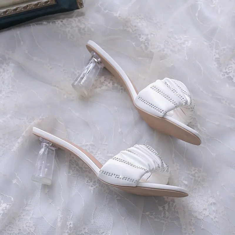 Summer Rhinestone High Heels Soft Leather Pumps Women Shoes Fashion Shallow Slip-On Slipper Peep Toe Sandals Women Party Shoes