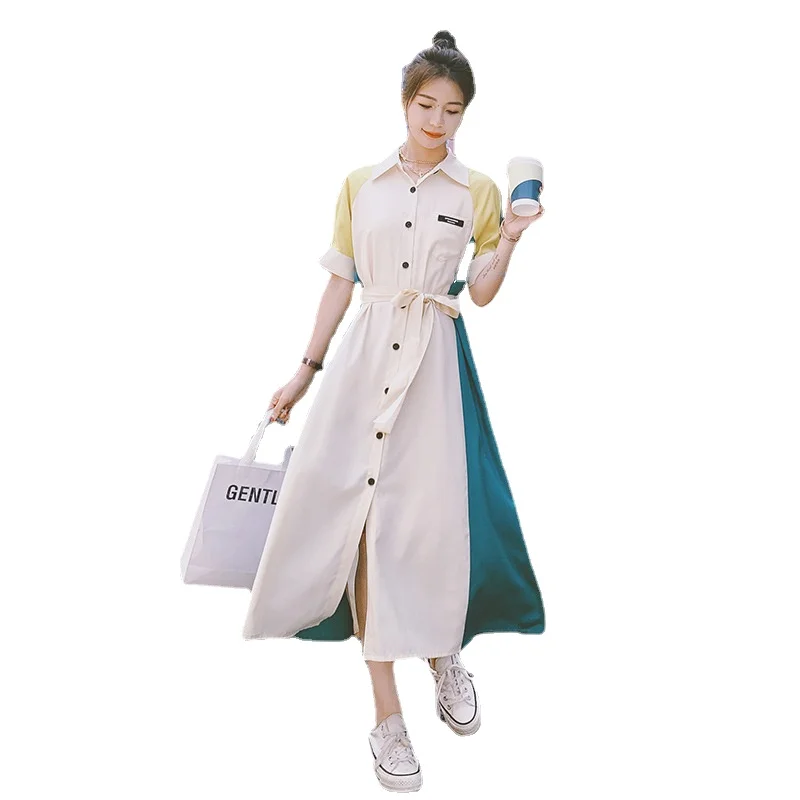 

Women's French Vintage Casual Patchwork Color Contrast Shirt Dress Summer Elegant Plus Size Bandage Single Breasted Maxi Dresses