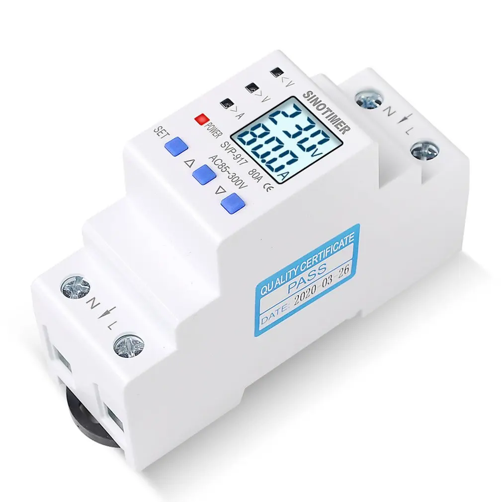 

63A 80A Din Rail Adjustable Over Under Voltage Protective Device Current Limit Protection Voltmeter Ammeter Kwh
