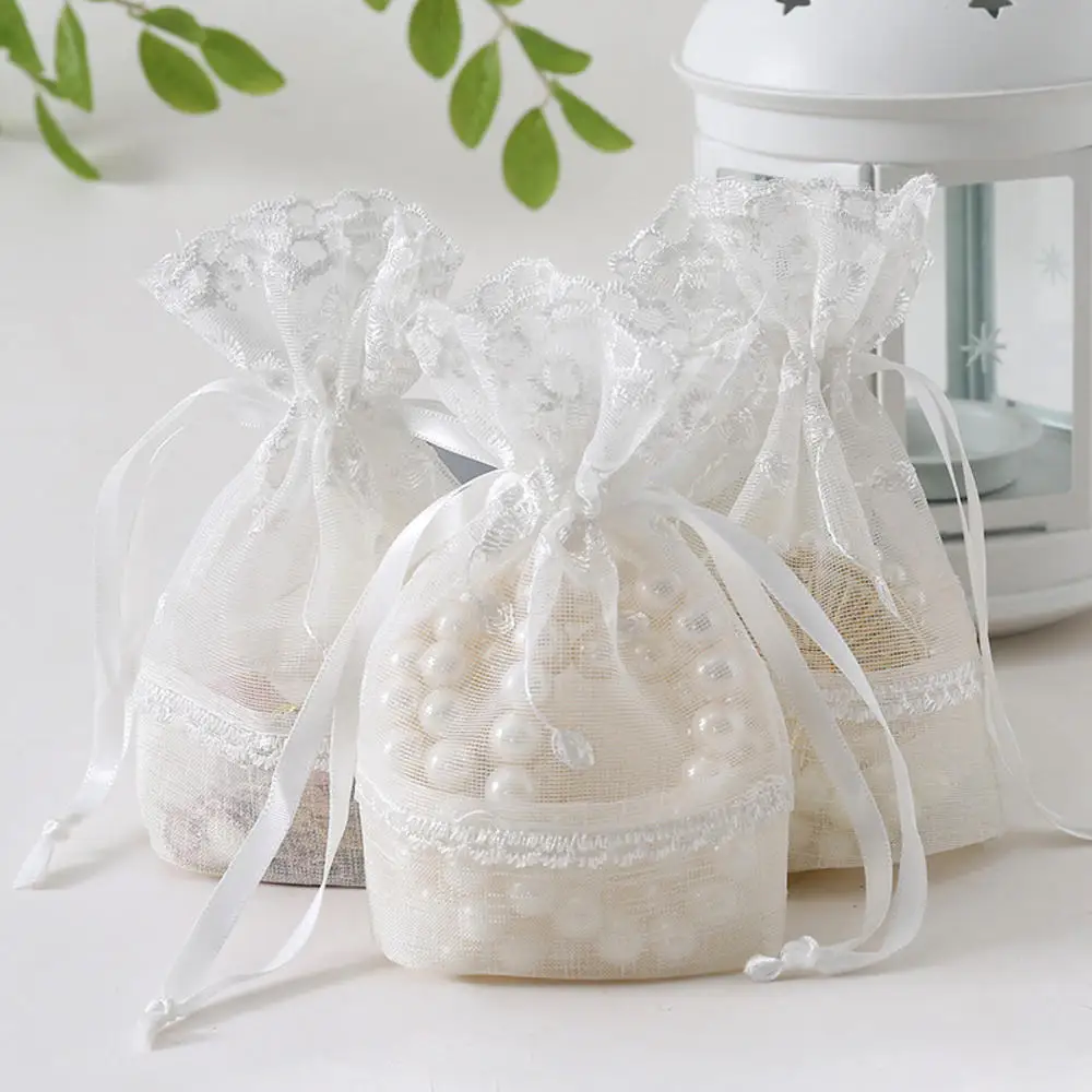 

White Round Hole Lace Bag Jewelry Storage Bag Milk Yarn Bundle Pocket Drawstring Bags Packaging Party Wedding Favor