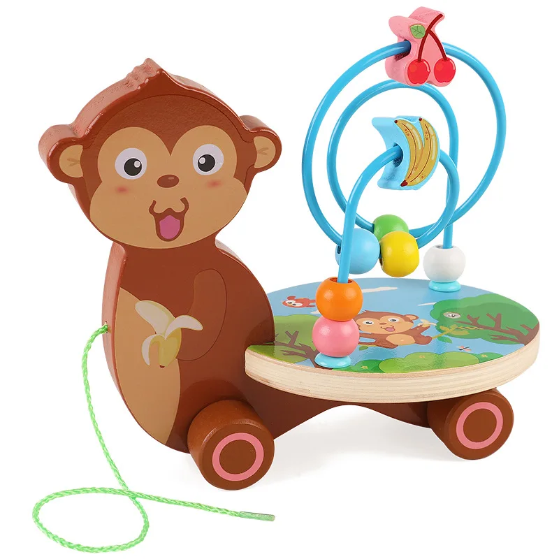 monkey Мультфильм животное прицеп круглый шарик игрушечная деревянная головоломка ребенок круглый шарик 0-2-3-4 лет игрушка для детей Образование - Цвет: monkey