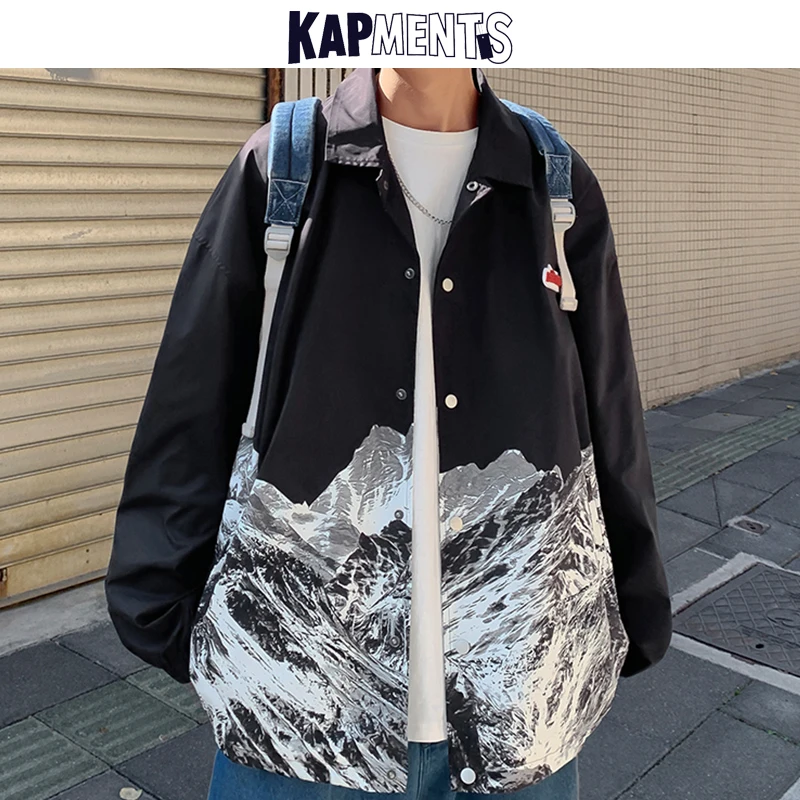 

KAPMENTS Men Streetwear Mountain Printed Graphic Jacket 2022 Spring Mens Japanese Fashions Harajuku Jackets Male Vintage Coats