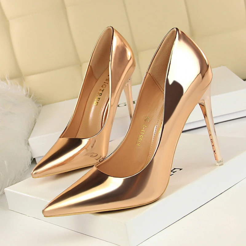 

Women's Shoes Pointed Toe Fashion Thin Heels Pumps Golden Black Silver Patent Leather Shoes Woman Plus Size Zapatos De Mujer