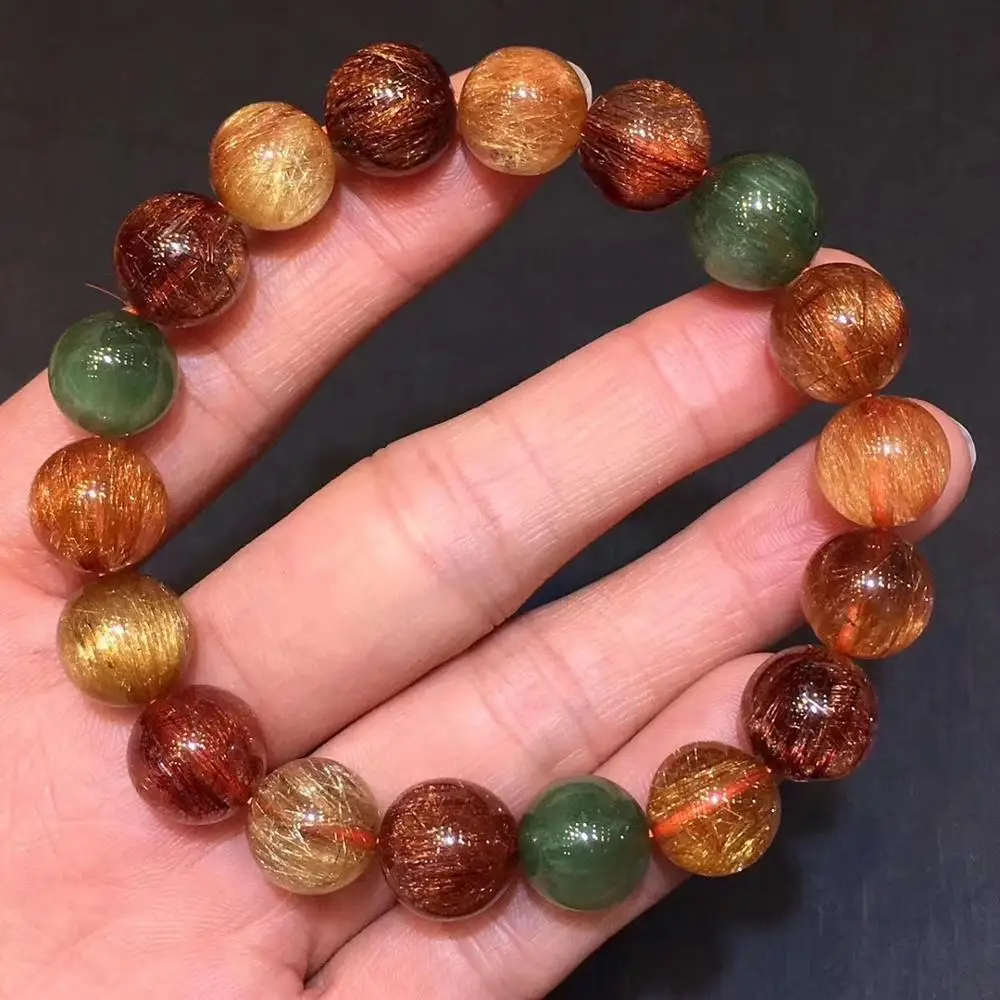 

12mm Top Natural Copper Gold Red Green Rutilated Quartz Bracelet For Woman Man Crystal Cat Eye Round Beads Certificate AAAAAA
