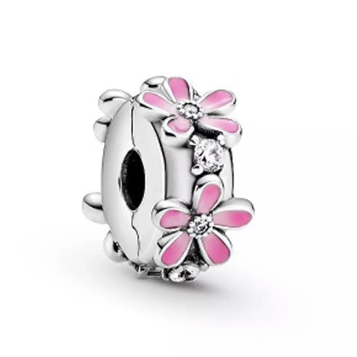 

100% 925 Sterling Silver Pink Flower Clip Pendant Beads for original Pando Charm Bracelet women's DIY jewelry