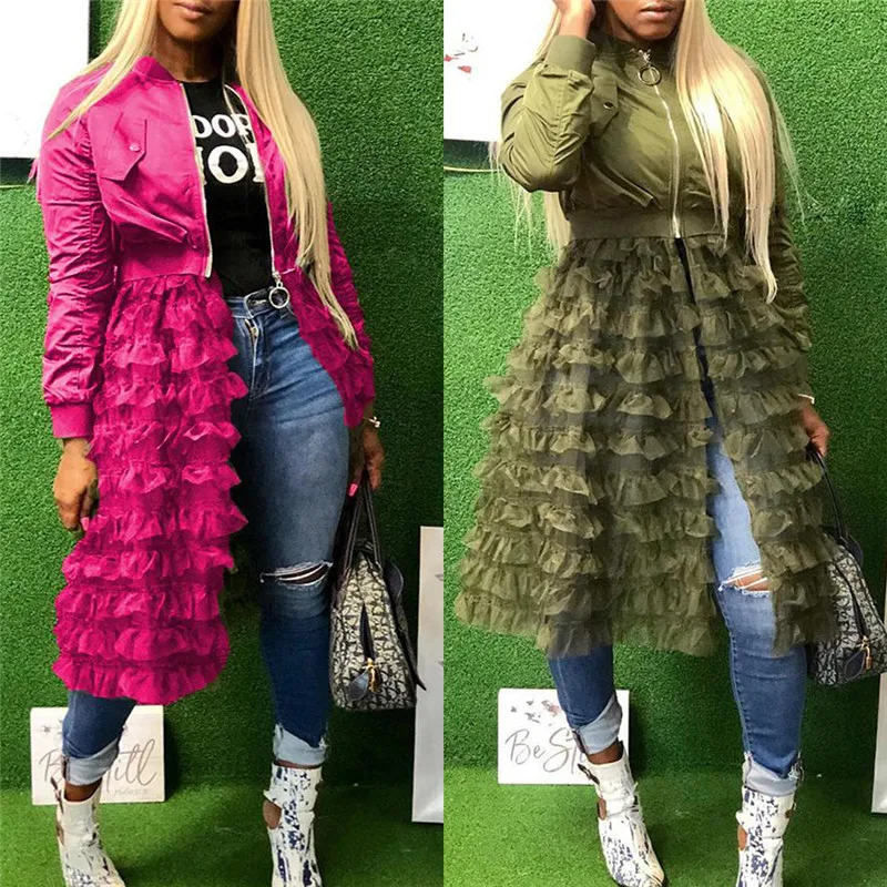 

Women Long Sleeve Zipper Ruffles Mesh Sheer Patchwork Long Jacket Coat Outwear Fashion Slim Long Outwear Fall Wind Jackets Coats
