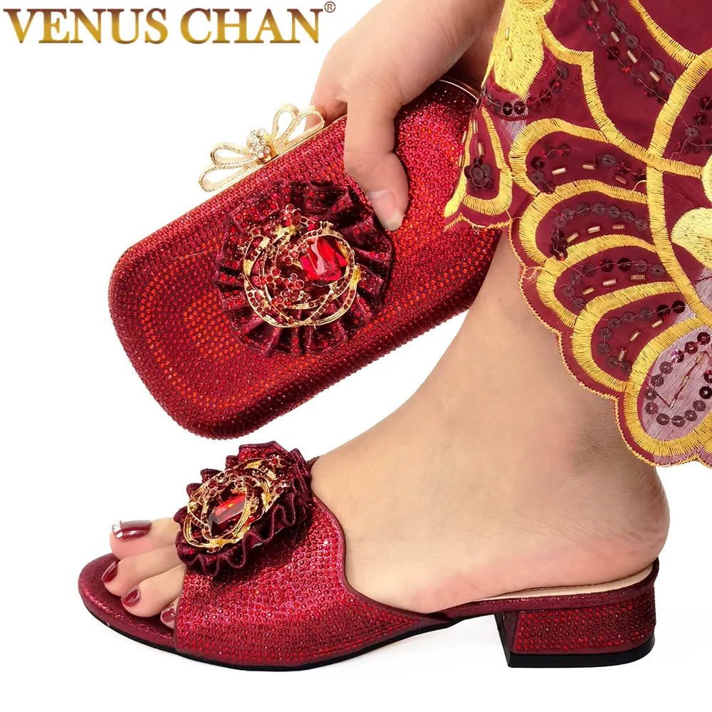 

Venus Chan 2021 New Nigerian Noble Ladies Shoes and Bag Set Decorated With Rhinestone Mixing Metal in Wine Color for Party