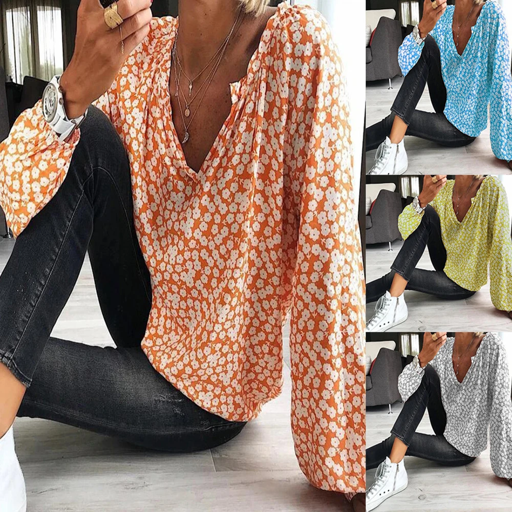 

Small flower print loose long-sleeved shirt top t-shirt female v-neck sexy breathable light chiffon women’s summer outing Tee
