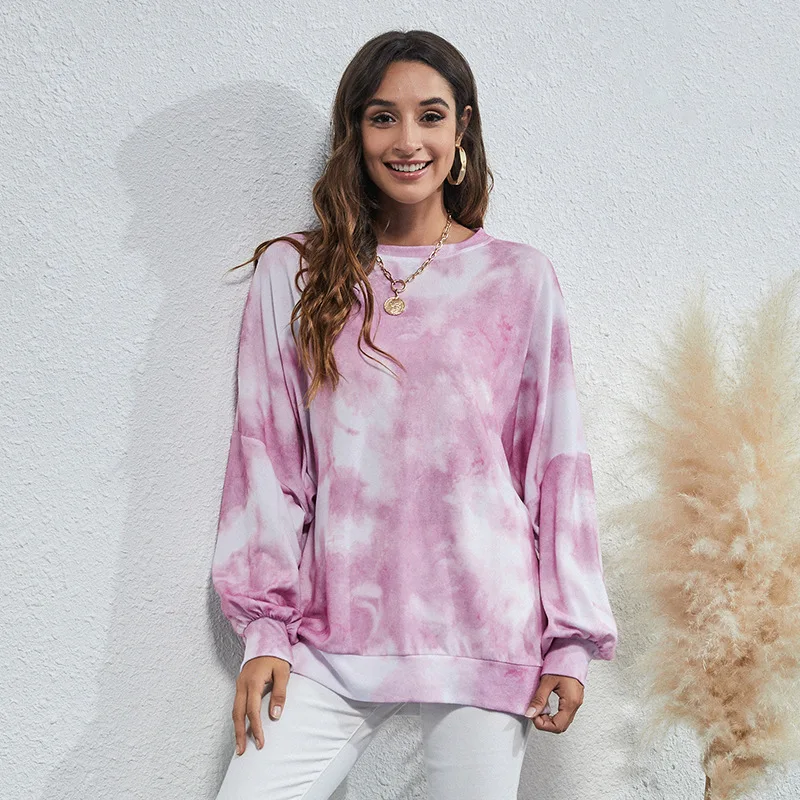 

2021 Spring Popular Round Neck Casual Versatile Loose Tie Dyed Sweater Long Sleeve A1026 Woman Tshirts