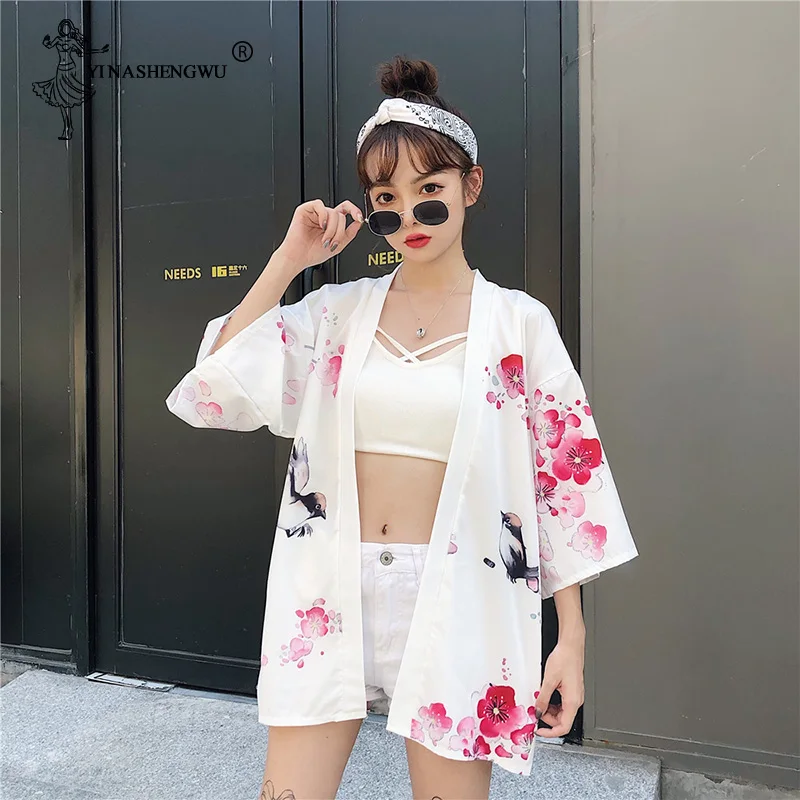 Yukata, женская блузка с поясом, новая мода, кимоно, блузка, японский веер, принт, женская рубашка, летняя, солнцезащитная, топы, Япония, кимоно, для женщин