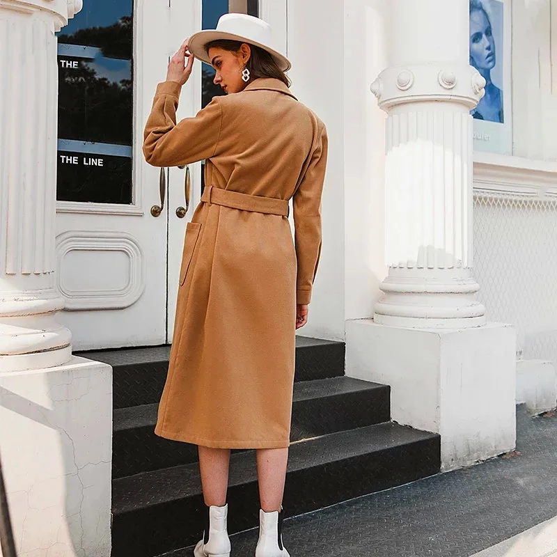 

2020 office ladies camel autumn and winter women's wool coat high street fashion long-sleeved coat elegant pocket coat with belt